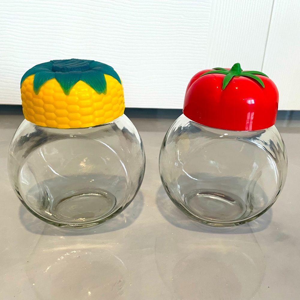 Novelty Glass Jar Set Corn & Tomato Kitchen Decor Cute Canisters